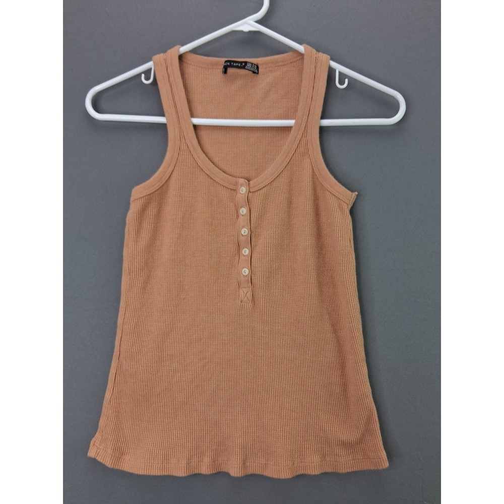 Black Tape Henley Tank Top Womens Small Orange Waffle Knit Thermal Sleeveless
